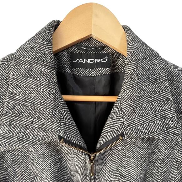 Sandro Jacket 100% Wool Herringbone Sz 12 Black White Zip Front - Picture 2 of 8